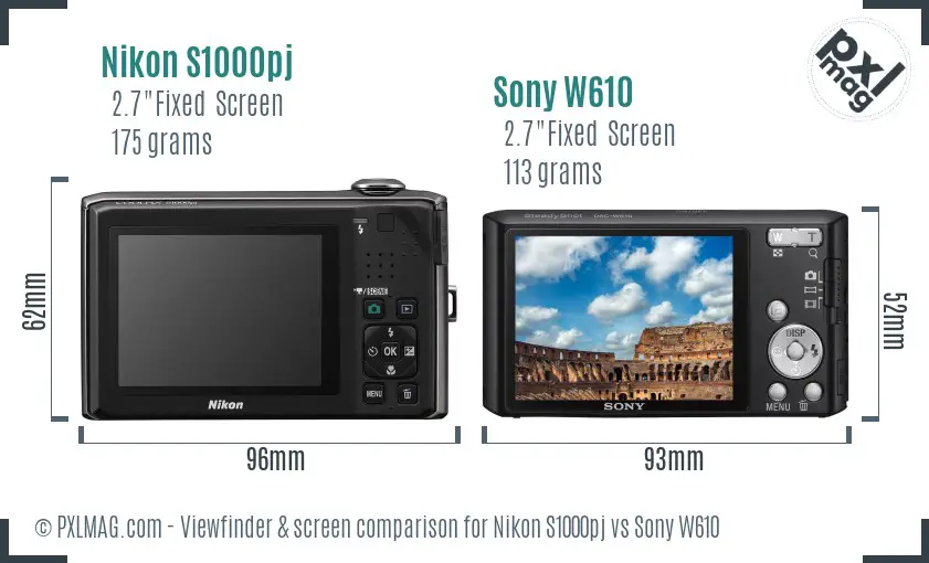 Nikon S1000pj vs Sony W610 Screen and Viewfinder comparison