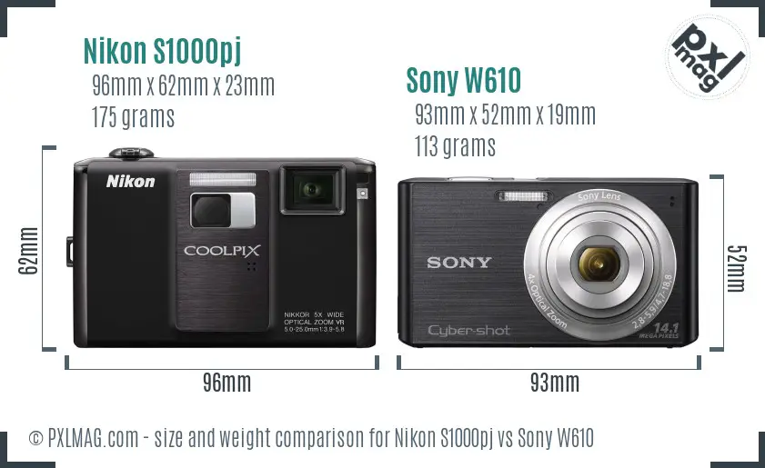 Nikon S1000pj vs Sony W610 size comparison