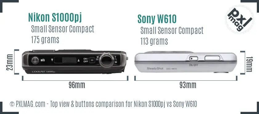 Nikon S1000pj vs Sony W610 top view buttons comparison