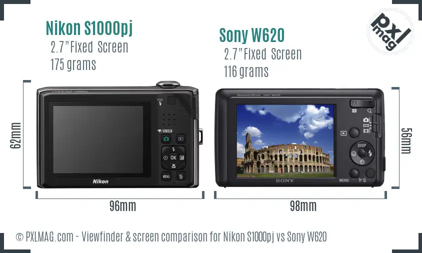 Nikon S1000pj vs Sony W620 Screen and Viewfinder comparison