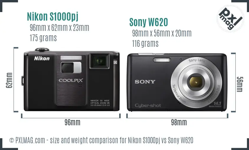 Nikon S1000pj vs Sony W620 size comparison