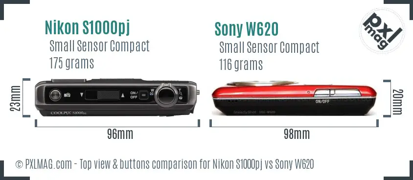 Nikon S1000pj vs Sony W620 top view buttons comparison