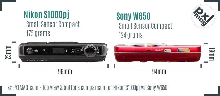 Nikon S1000pj vs Sony W650 top view buttons comparison