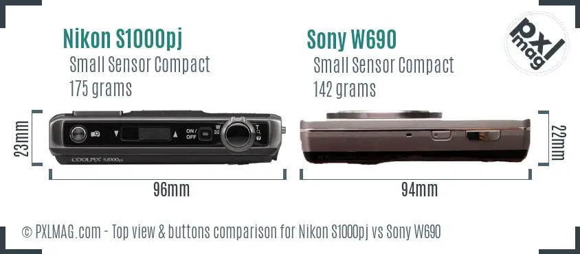 Nikon S1000pj vs Sony W690 top view buttons comparison