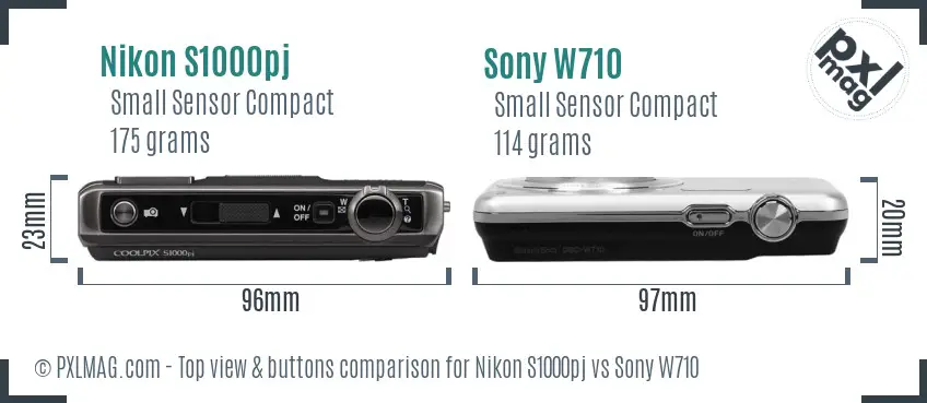 Nikon S1000pj vs Sony W710 top view buttons comparison