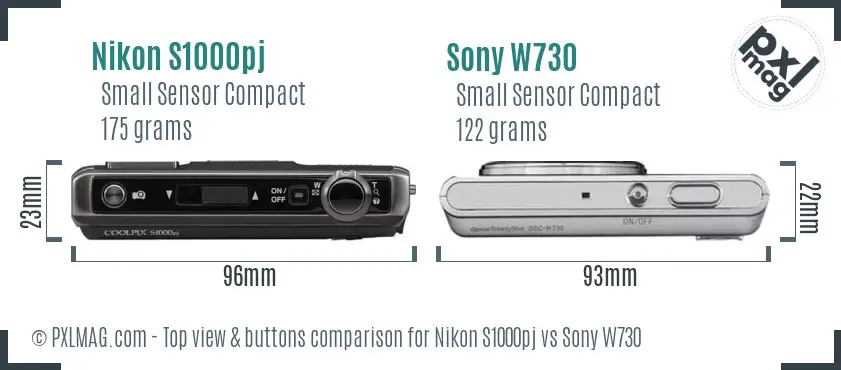 Nikon S1000pj vs Sony W730 top view buttons comparison Nikon S1000pj vs Sony W730 top view buttons comparison