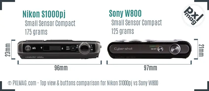 Nikon S1000pj vs Sony W800 top view buttons comparison Nikon S1000pj vs Sony W800 top view buttons comparison