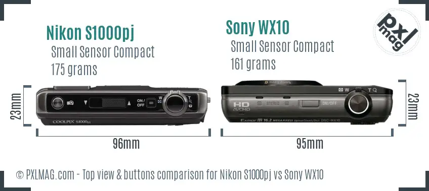 Nikon S1000pj vs Sony WX10 top view buttons comparison Nikon S1000pj vs Sony WX10 top view buttons comparison