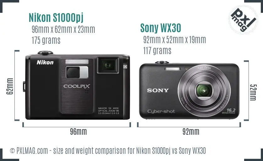 Nikon S1000pj vs Sony WX30 size comparison