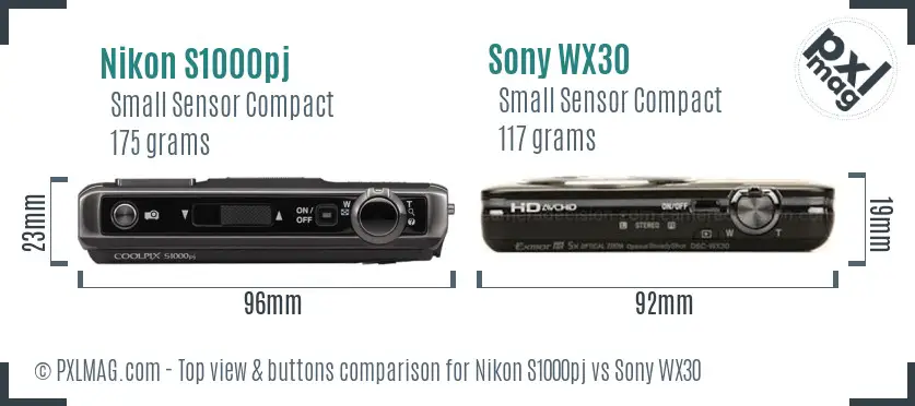 Nikon S1000pj vs Sony WX30 top view buttons comparison
