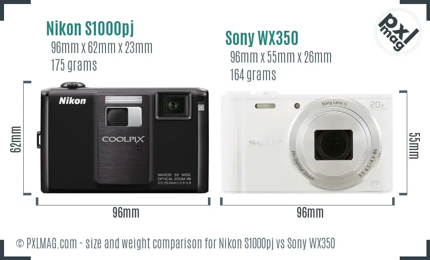 Nikon S1000pj vs Sony WX350 size comparison