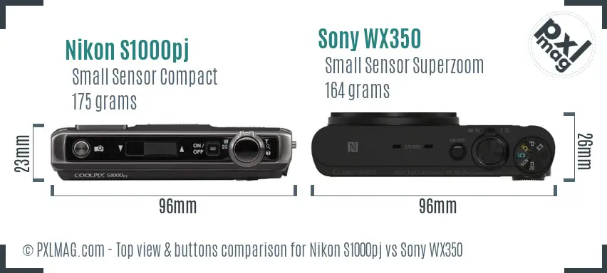 Nikon S1000pj vs Sony WX350 top view buttons comparison