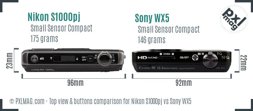 Nikon S1000pj vs Sony WX5 top view buttons comparison Nikon S1000pj vs Sony WX5 top view buttons comparison