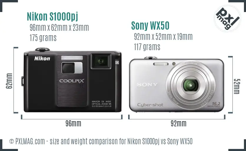 Nikon S1000pj vs Sony WX50 size comparison