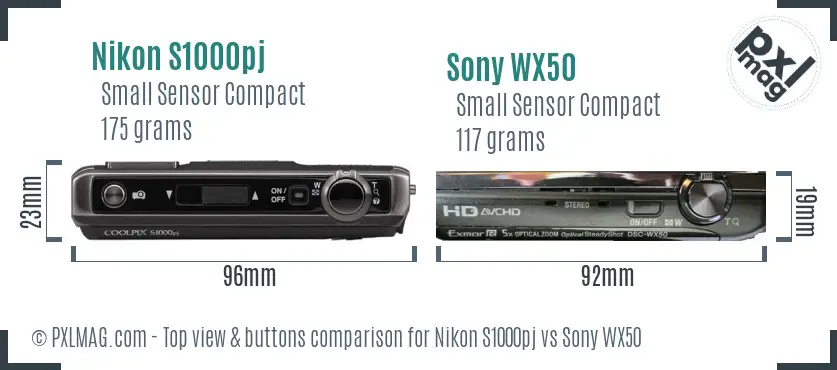 Nikon S1000pj vs Sony WX50 top view buttons comparison