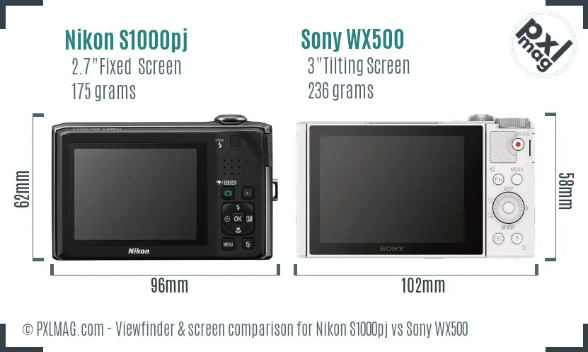 Nikon S1000pj vs Sony WX500 Screen and Viewfinder comparison