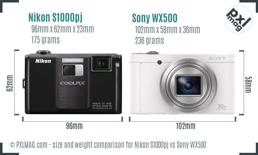 Nikon S1000pj vs Sony WX500 size comparison