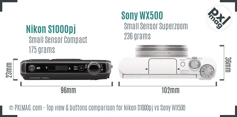 Nikon S1000pj vs Sony WX500 top view buttons comparison