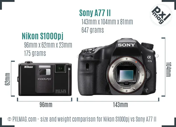 Nikon S1000pj vs Sony A77 II size comparison