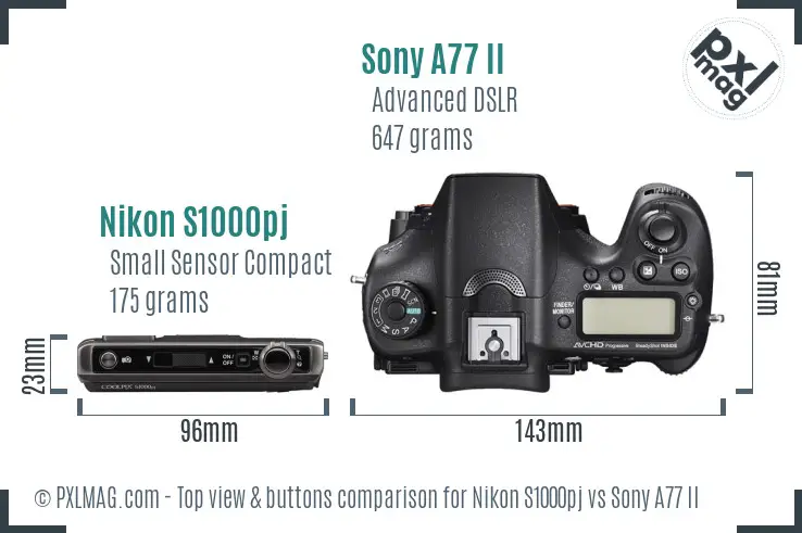 Nikon S1000pj vs Sony A77 II top view buttons comparison