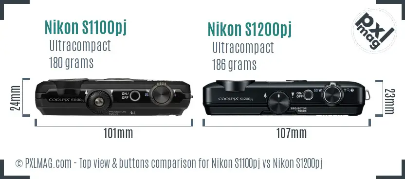 Nikon S1100pj vs Nikon S1200pj top view buttons comparison