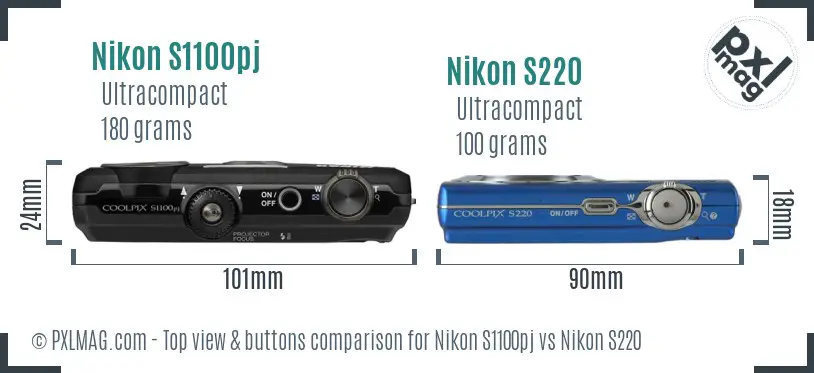 Nikon S1100pj vs Nikon S220 top view buttons comparison