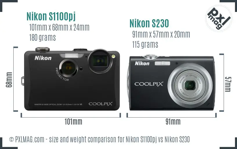 Nikon S1100pj vs Nikon S230 size comparison