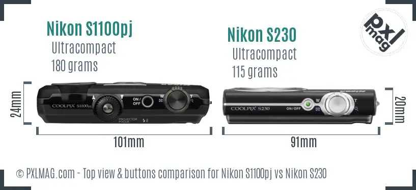 Nikon S1100pj vs Nikon S230 top view buttons comparison
