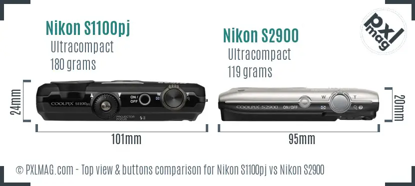 Nikon S1100pj vs Nikon S2900 top view buttons comparison