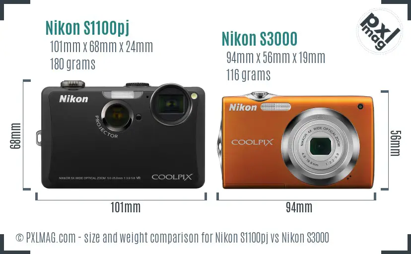 Nikon S1100pj vs Nikon S3000 size comparison