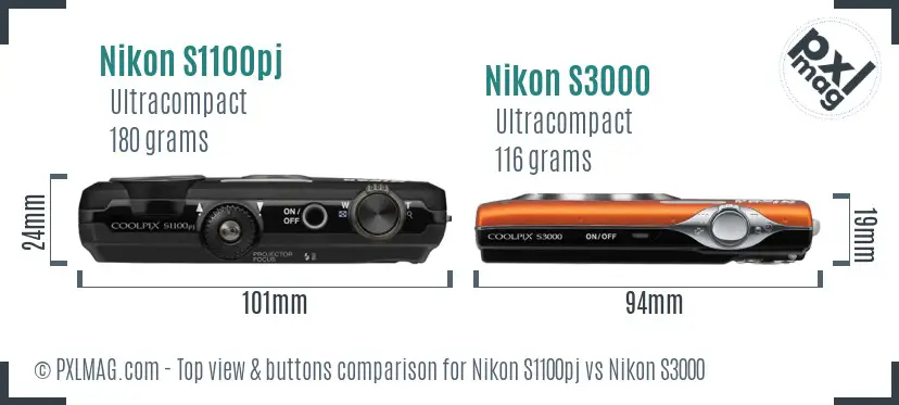 Nikon S1100pj vs Nikon S3000 top view buttons comparison