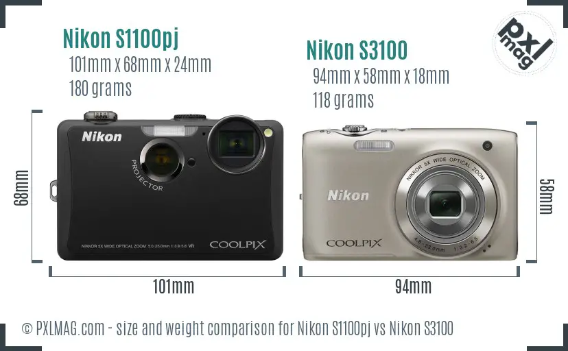 Nikon S1100pj vs Nikon S3100 size comparison