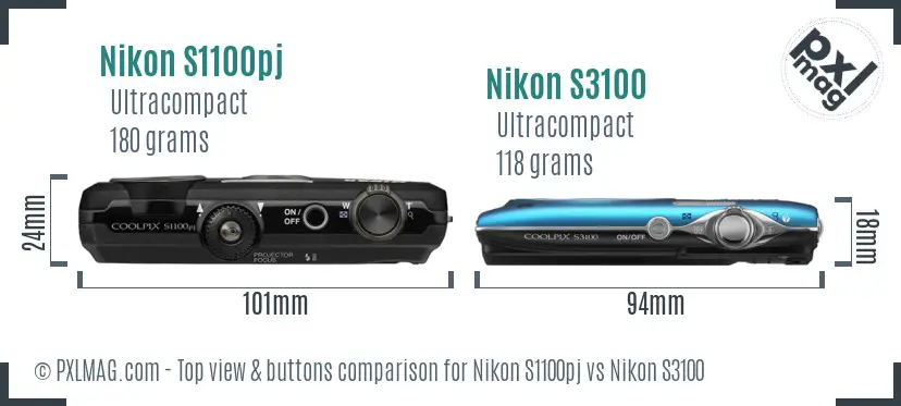 Nikon S1100pj vs Nikon S3100 top view buttons comparison