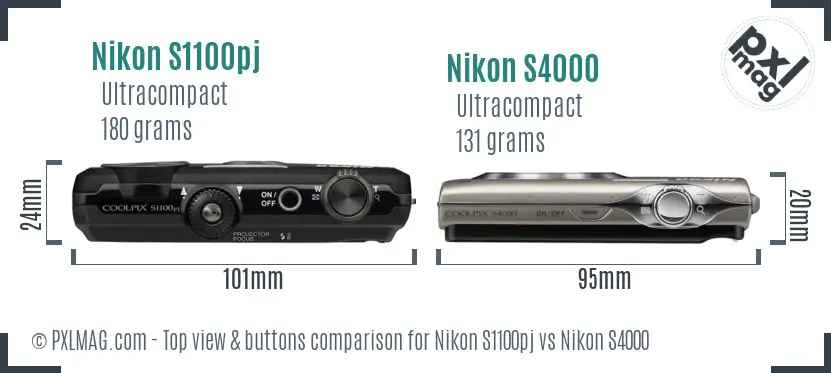 Nikon S1100pj vs Nikon S4000 top view buttons comparison