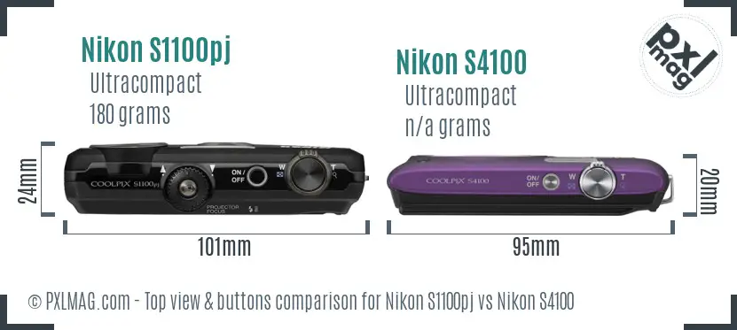 Nikon S1100pj vs Nikon S4100 top view buttons comparison