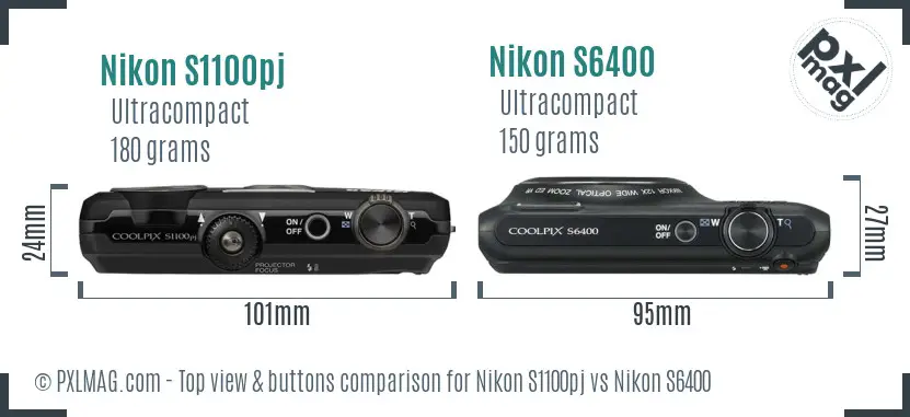 Nikon S1100pj vs Nikon S6400 top view buttons comparison
