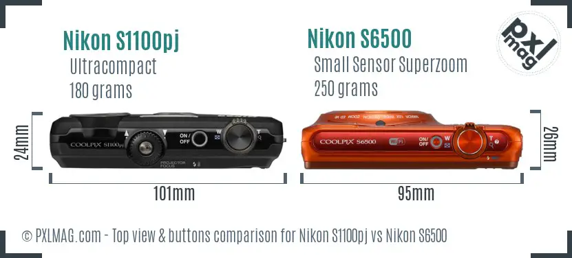 Nikon S1100pj vs Nikon S6500 top view buttons comparison