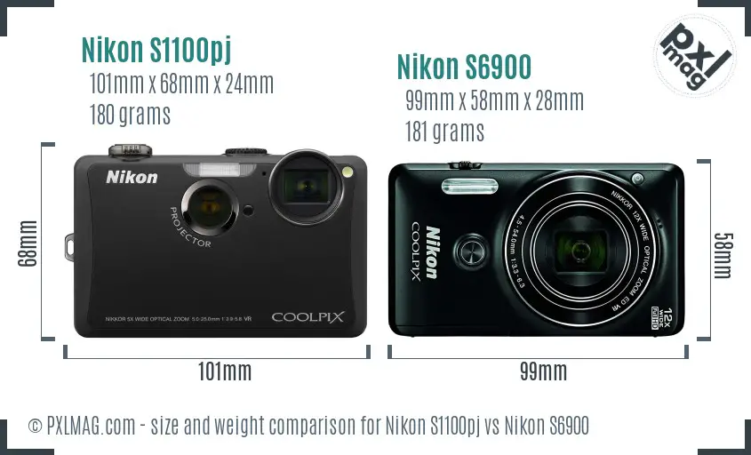 Nikon S1100pj vs Nikon S6900 size comparison