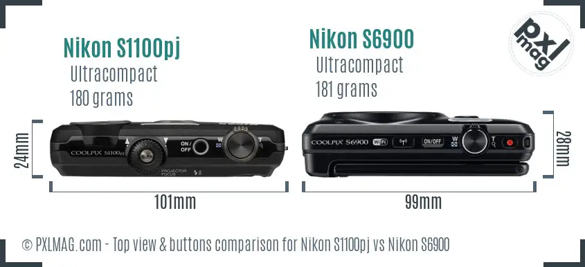 Nikon S1100pj vs Nikon S6900 top view buttons comparison
