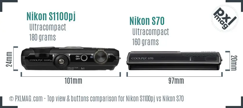 Nikon S1100pj vs Nikon S70 top view buttons comparison