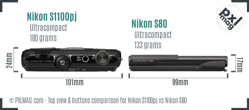 Nikon S1100pj vs Nikon S80 top view buttons comparison