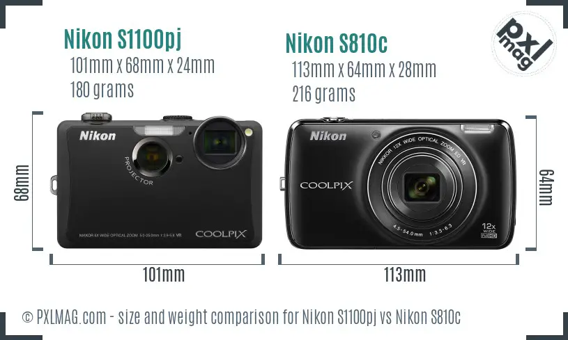 Nikon S1100pj vs Nikon S810c size comparison
