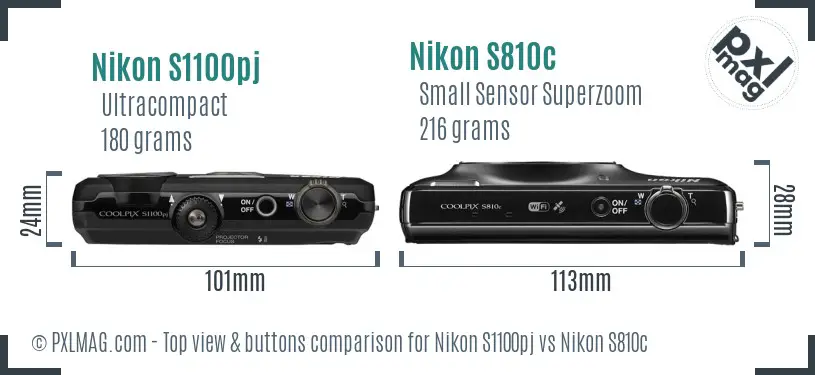 Nikon S1100pj vs Nikon S810c top view buttons comparison