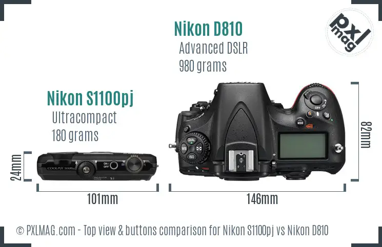 Nikon S1100pj vs Nikon D810 top view buttons comparison