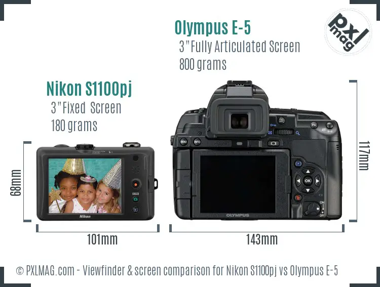 Nikon S1100pj vs Olympus E-5 Screen and Viewfinder comparison