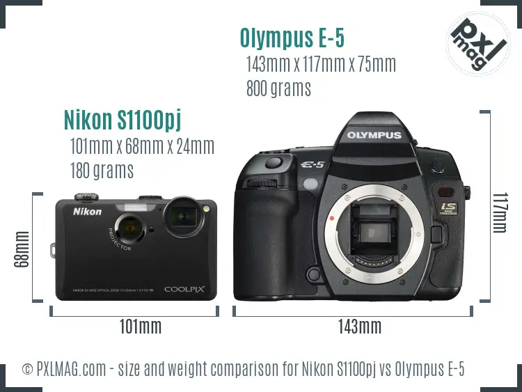 Nikon S1100pj vs Olympus E-5 size comparison
