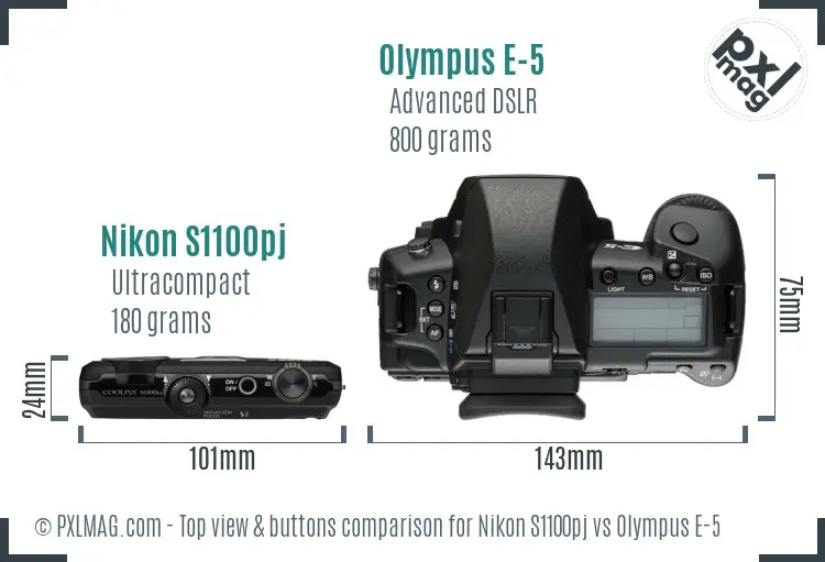 Nikon S1100pj vs Olympus E-5 top view buttons comparison