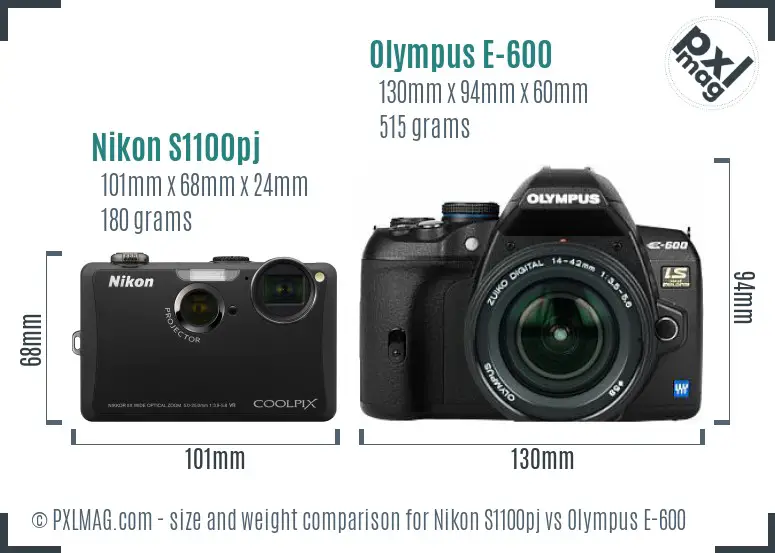 Nikon S1100pj vs Olympus E-600 size comparison