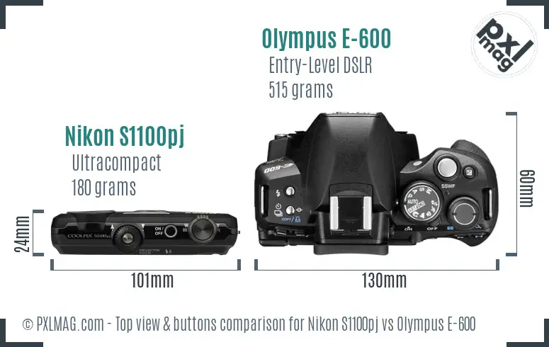 Nikon S1100pj vs Olympus E-600 top view buttons comparison