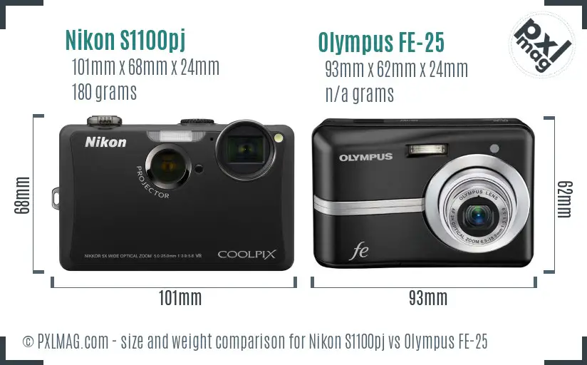 Nikon S1100pj vs Olympus FE-25 size comparison Nikon S1100pj vs Olympus FE-25 size comparison